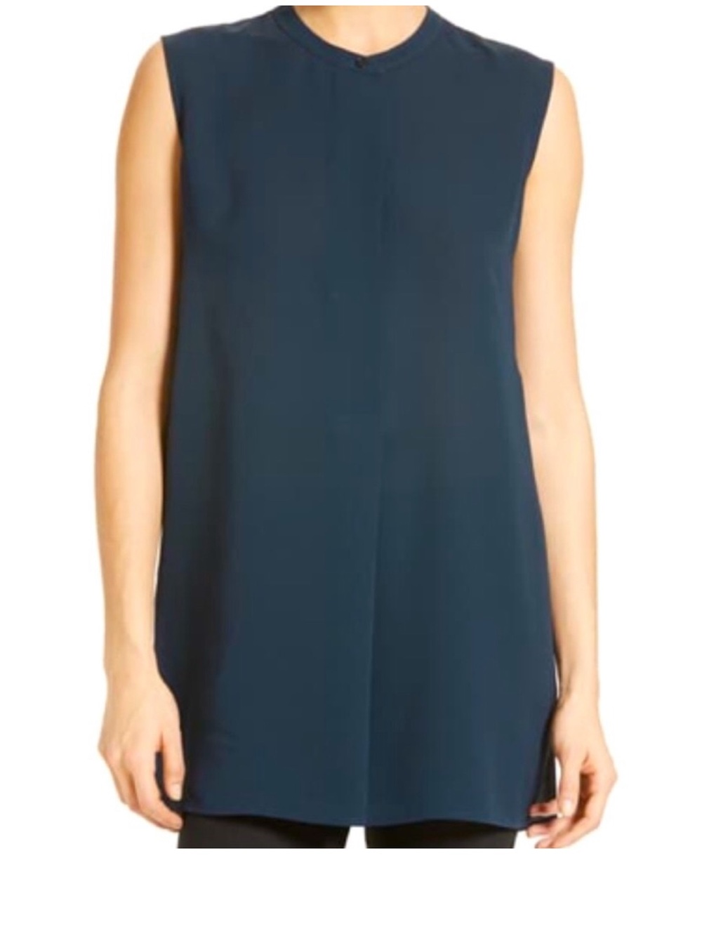 Vince Blouse Womens Size Medium Silk sleeveless tunic mandarin Collar Navy